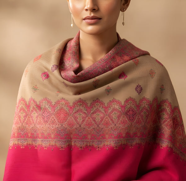 Naqsh-e-Kashmir Woven Kani Jacquard Pink Shawl with All-Over Buttis & Solid Panel