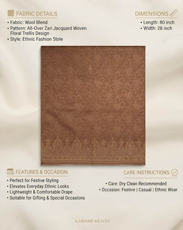 Everyday Wool Blend All-Over Zari Jacquard Woven Floral Trellis Brown Stole