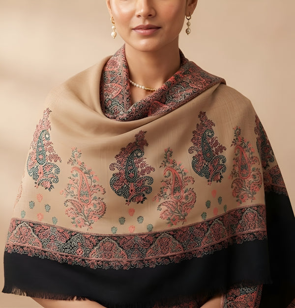 Naqsh-e-Kashmir Woven Kani Jacquard Paisley Beige Shawl with Inner Bootas & Solid Panel