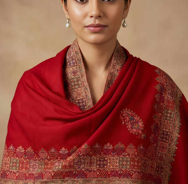Naqsh-e-Kashmir Inspired Kani Paisley & Geometric Border Wool Blend Red Shawl