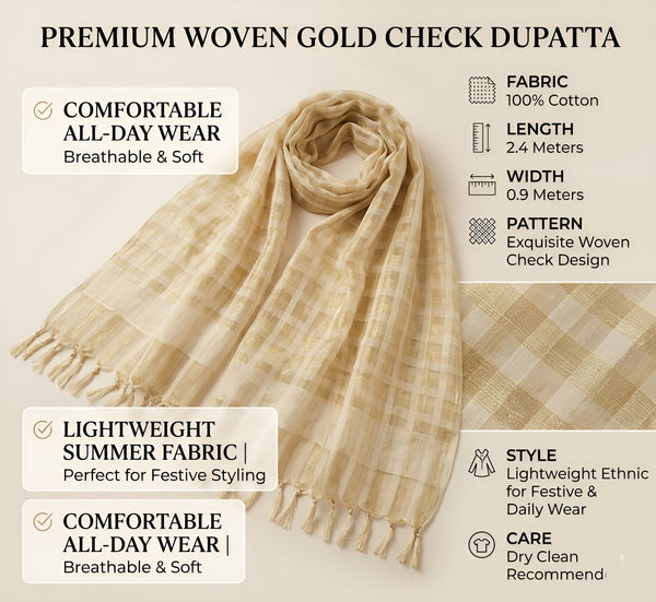 Gold Cotton Dupatta with Golden Stripe Weave & Tassel Border