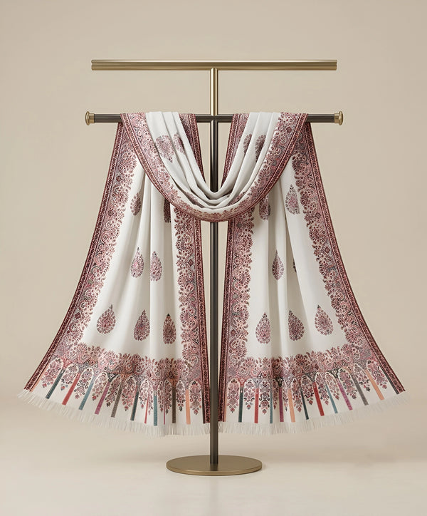 Regal Kani Woven Paisley Border Wool Blend White Stole | Kashmiri Inspired