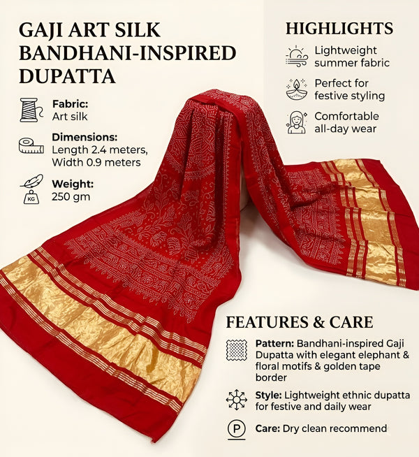 Bamboo Silk Bandhani Inspired Gajji Women Red Dupatta with Elephant & Floral Motifs and Golden Tape Border