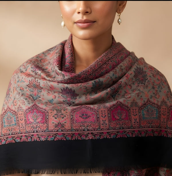 Naqsh-e-Kashmir Woven Kani Jacquard Floral Shawl with Traditional Black Border & Panel