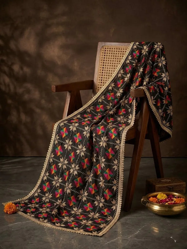 Luxe Chinon Women Phulkari Black Dupatta with Lace Border & Traditional Motif Work