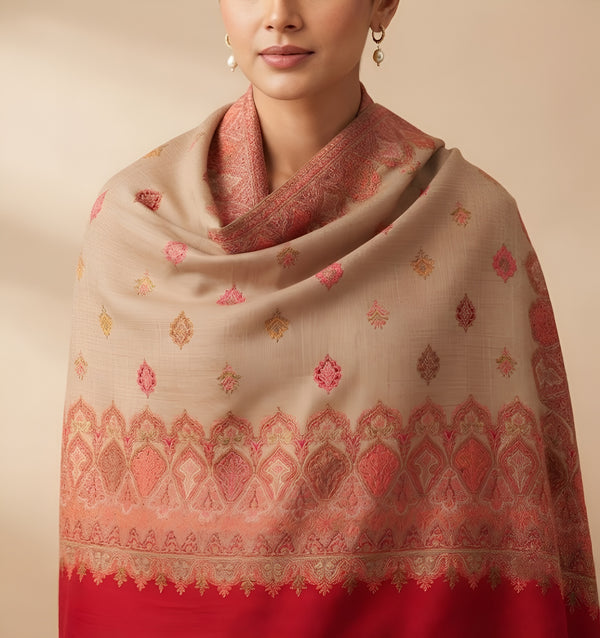 Naqsh-e-Kashmir Woven Kani Jacquard Red Shawl with All-Over Buttis & Solid Panel