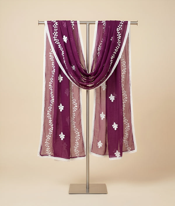 Wine Nazneen Chiffon Mens Dupatta with Floral Embroidery & Border