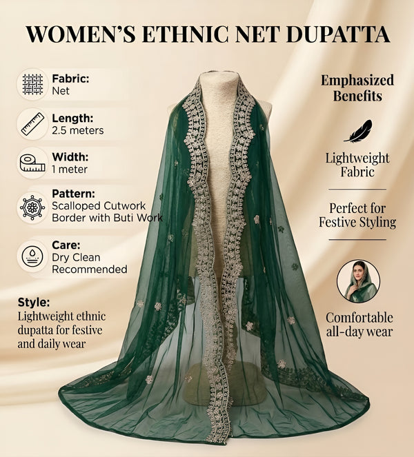Green Twill Net Mens Dupatta – Scalloped Cutwork Border with Buti Work