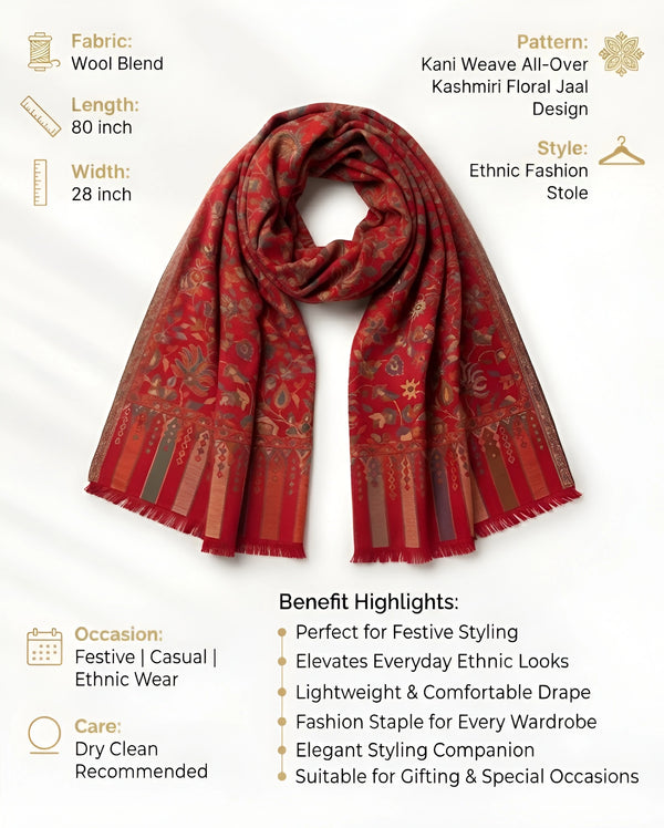 Regal Kani Weave All-Over Floral Jaal Wool Blend Red Stole | Kashmiri Inspired