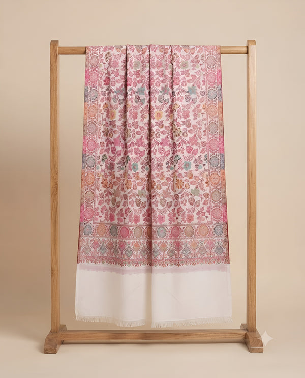 Regal Floral & Paisley Kani Weave Wool Blend White Stole