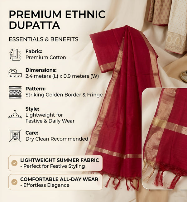 Cotton Mens Dupatta – Maroon with Golden Border & Tassel Finish