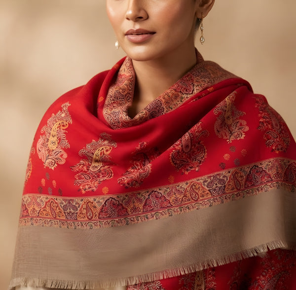 Naqsh-e-Kashmir Woven Kani Jacquard Paisley Red Shawl with Inner Bootas & Solid Panel