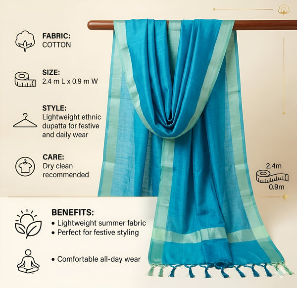 Blue Cotton Dupatta with Golden Border | Lightweight Ethnic Wrap