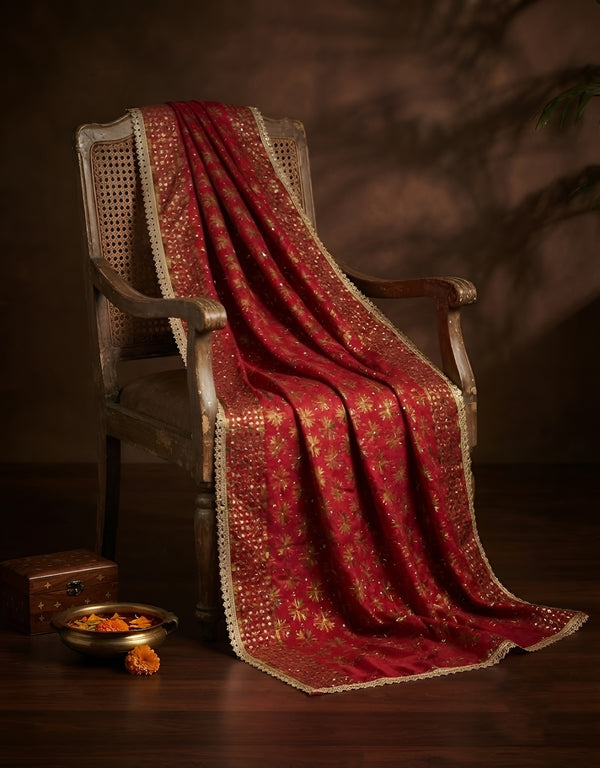 Heritage Phulkari Chinon Maroon Mens Dupatta with Elegant Lace Border