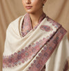 Naqsh-e-Kashmir Inspired Kani Paisley & Geometric Border Wool Blend White Shawl
