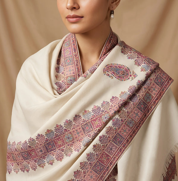 Naqsh-e-Kashmir Inspired Kani Paisley & Geometric Border Wool Blend White Shawl