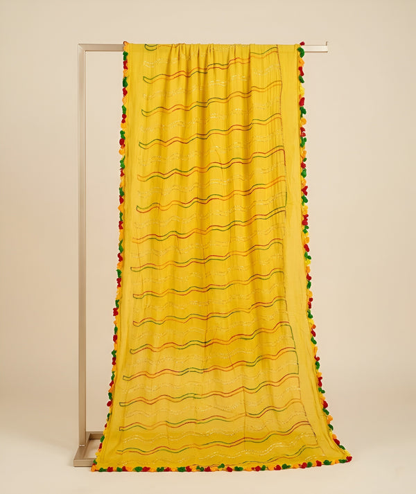 Yellow Nazneen Chiffon Dupatta with Multicolor Stripes & Pom Pom Border