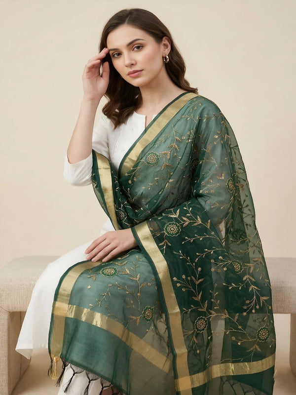 Green Organza Meena Jaal Dupatta | Elegant Sheer Festive Drape