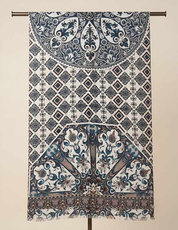 Signature Bamboo Silk Printed Stole | Heritage Floral & Geometric Ethnic Print