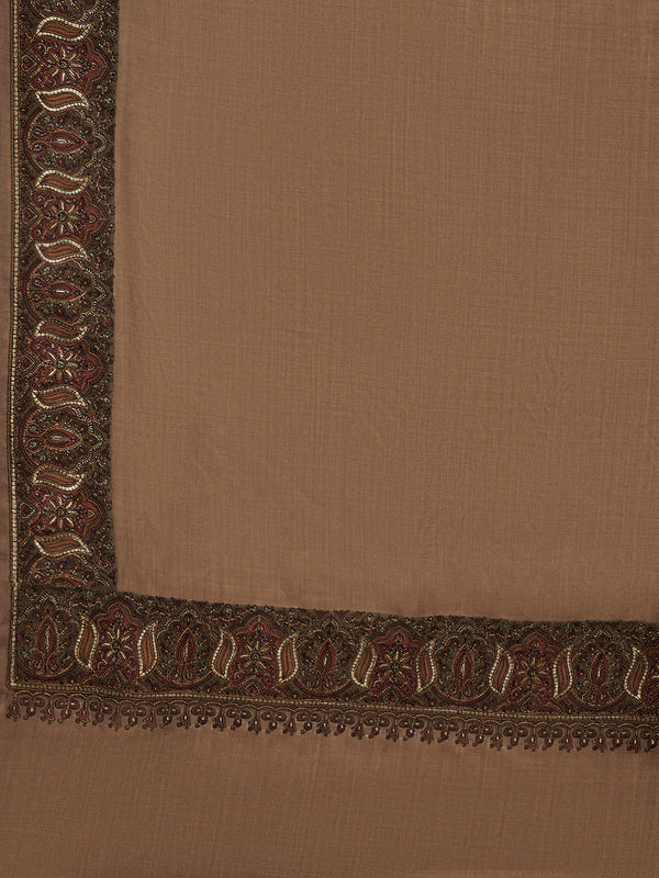 Woolen Mens Shawl in Warm Mocha Brown with Heritage-Inspired Embroidered Border (80 x 40 Inches)