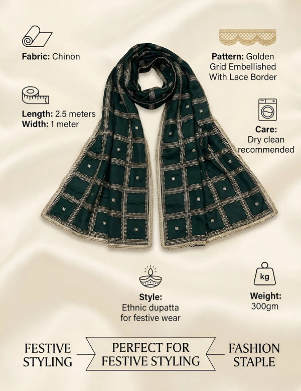 Bottle Green Chinon Dupatta with Gold Grid Embellishment (Size: 2.5x1 m Approx)