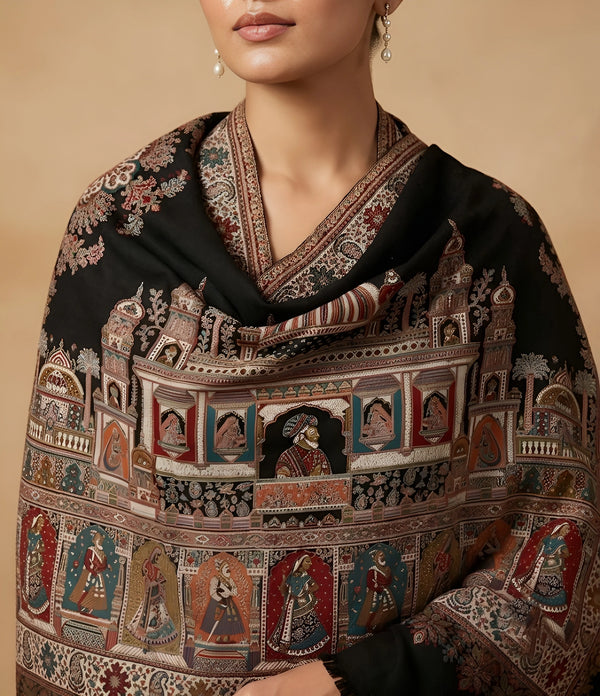 Naqsh-e-Kashmir Inspired Mughal Palace Scenic Jacquard Woven Black Shawl with Zari Work