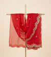 Red Organza Mens Dupatta – Scalloped Cutwork Border with Buti Work