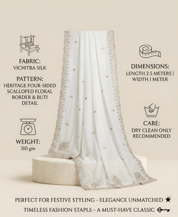Luxe Vichitra Women White Dupatta with 4 Side Scalloped Embroidered Border & Buti Embellishment