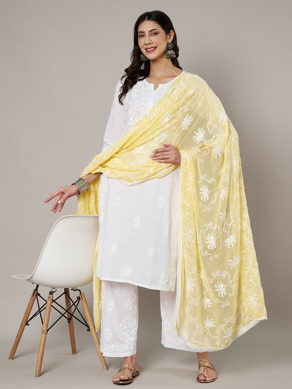 Lime Karachi Chiffon Dupatta with Elegant Thread Embroidery (Size: 2.5x1 m Approx)