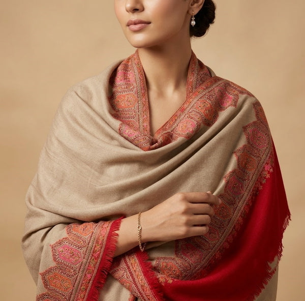 Naqsh-e-Kashmir Woven Kani Jacquard Maroon Shawl with Solid Panel & Traditional Border
