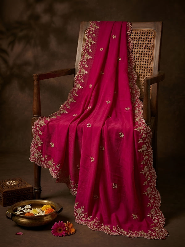 Luxe Rangoli Women Magenta Dupatta with 4 Side Scalloped Embroidered Border & Buti Embellishment