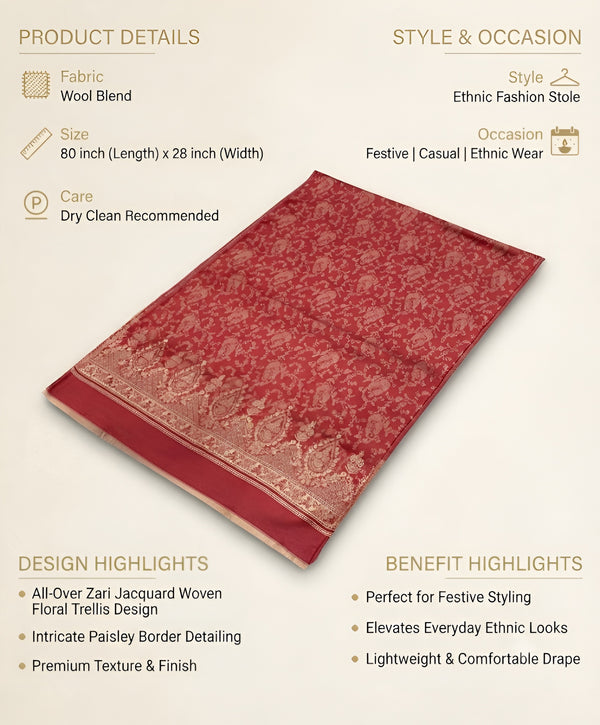 Everyday Wool Blend All-Over Zari Jacquard Woven Floral Trellis Red Stole