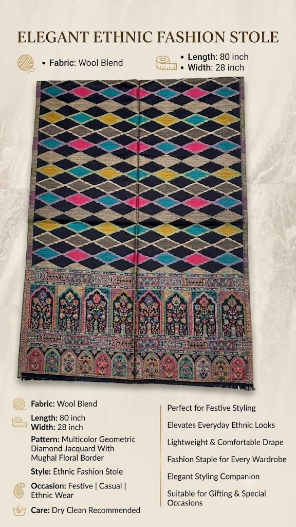 Signature Geometric Diamond Jacquard with Mughal Floral Border Wool Blend Blue Stole