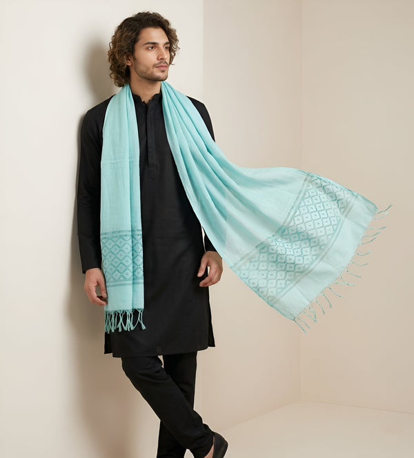 Cotton Mens Dupatta – Blue with Diamond Cut Work & Woven Border