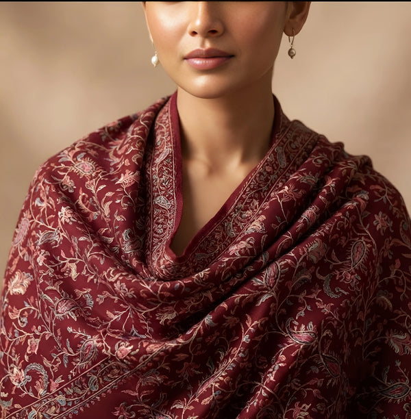 Naqsh-e-Kashmir Inspired Jamawar Floral Paisley Vine Wool Blend Maroon Shawl