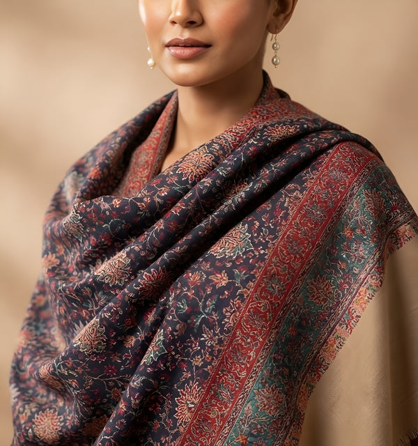 Naqsh-e-Kashmir Woven Kani Jacquard Floral Shawl with Traditional Beige Border & Panel