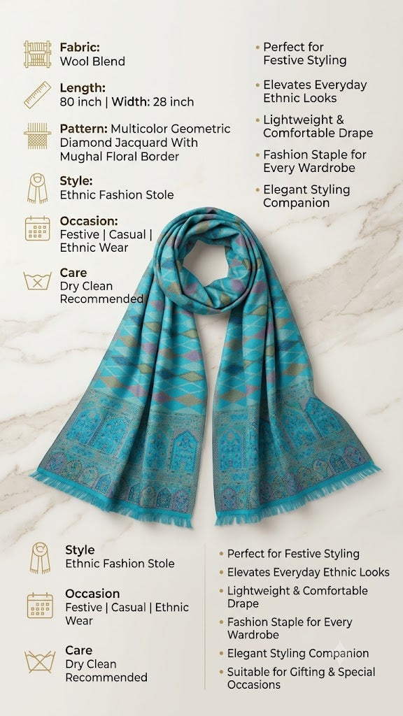 Reserve Mens Wool Blend Multicolor Geometric Diamond Jacquard TealStole with Mughal Floral Border