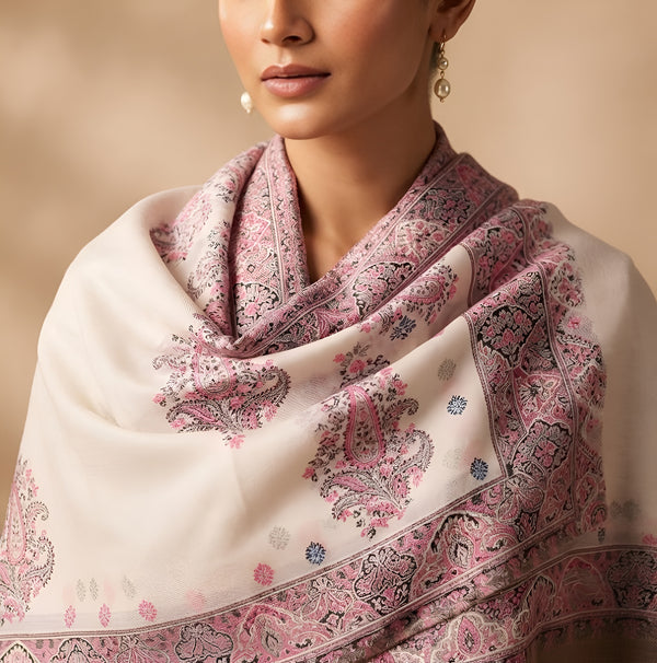 Naqsh-e-Kashmir Woven Kani Jacquard Paisley White Shawl with Inner Bootas & Solid Panel