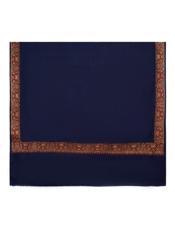 Blue Woolen Mens Shawl with Traditional Multicolour Embroidered Border (80 x 40 Inches)