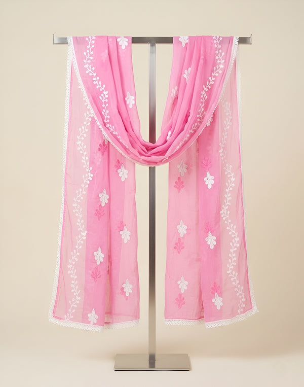 Pink Nazneen Chiffon Embroidered Dupatta with Floral Work