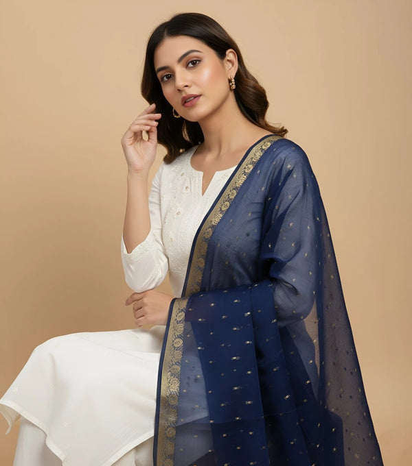 Blue Lightweight Cotton Silk Dotted Dupatta | Elegant Everyday Ethnic Drape