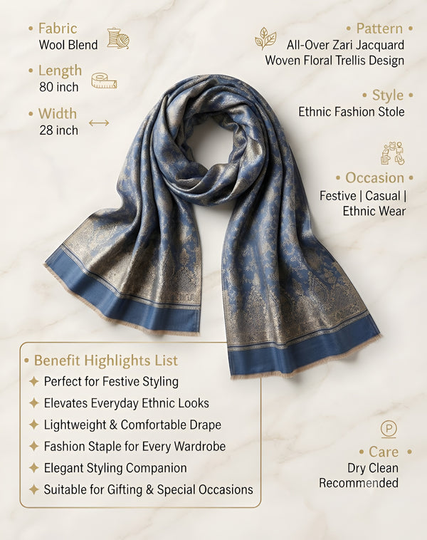 Everyday Wool Blend All-Over Zari Jacquard Woven Floral Trellis Blue Stole