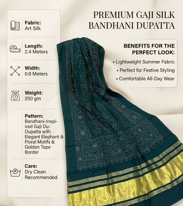 Bamboo Silk Bandhani Inspired Gajji Women Green Dupatta with Elephant & Floral Motifs and Golden Tape Border