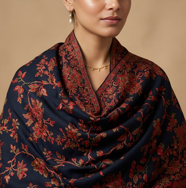 Naqsh-e-Kashmir All-Over Floral Woven Kani Jacquard Wool Blend Black Shawl
