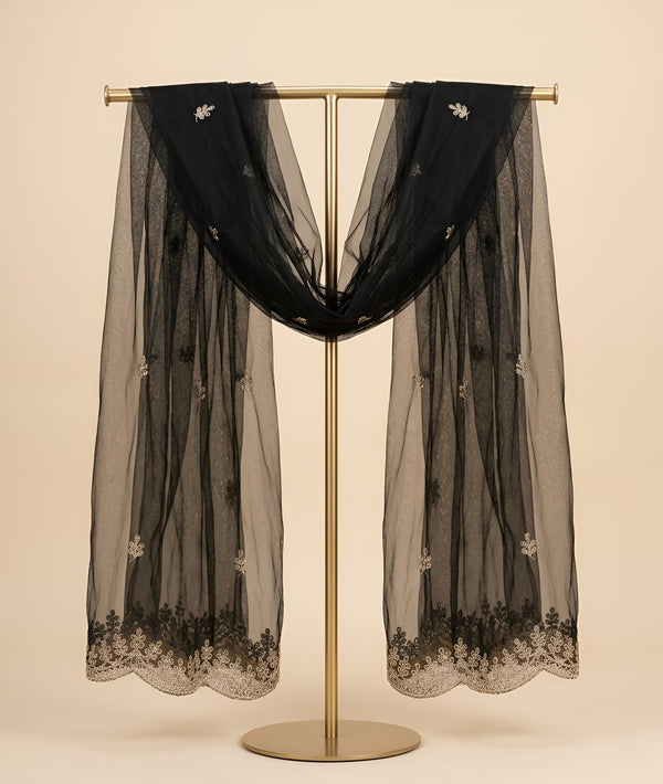 Black Organza Mens Dupatta – Scalloped Cutwork Border with Buti Work