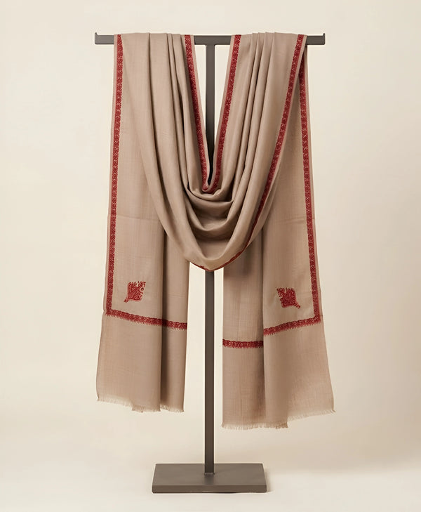 Regal Woven Border Accent Corner Wool Blend Beige Stole| Kashmiri Inspired