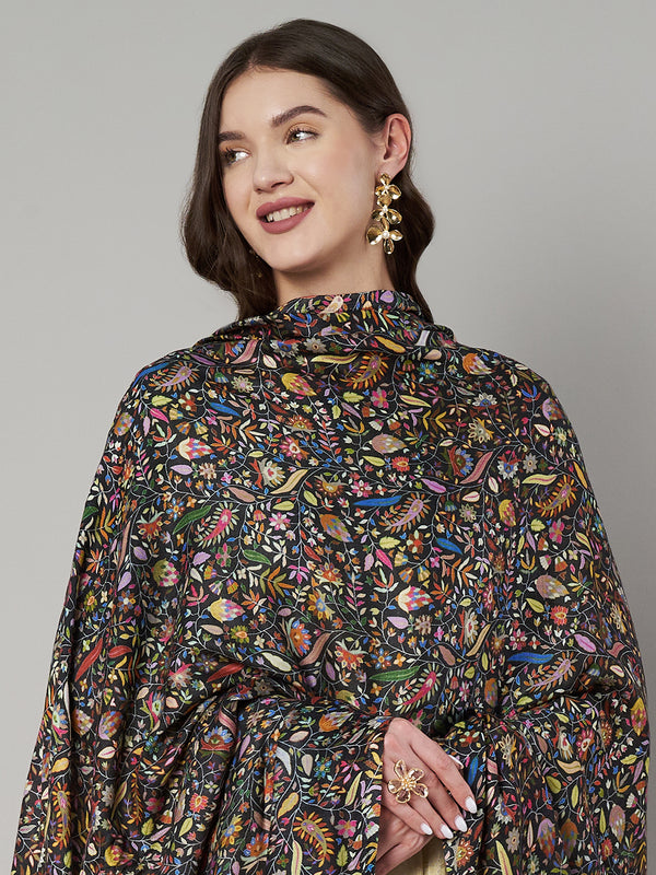 Bamboo Silk Black Kashmiri Women Stole with Traditional Paisley Jaal | Soft & Elegant | 80×28 Inches