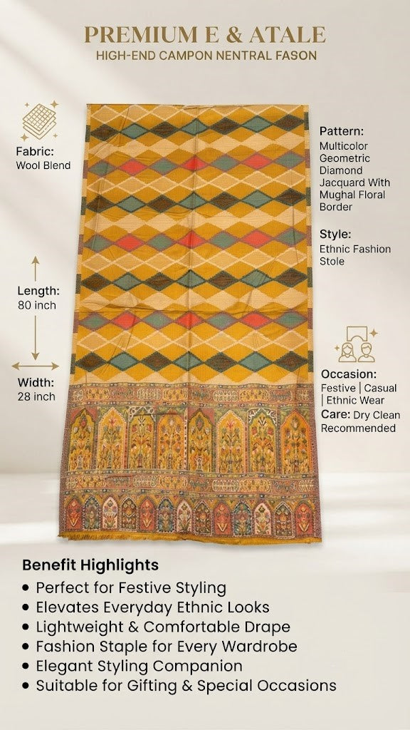 Reserve Mens Wool Blend Multicolor Geometric Diamond Jacquard Mustard Stole with Mughal Floral Border