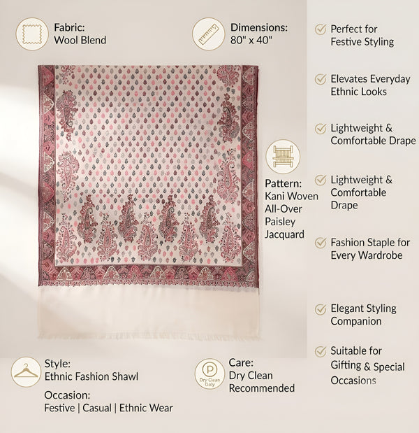 Naqsh-e-Kashmir Kani Woven All-Over Paisley Jacquard White Shawl