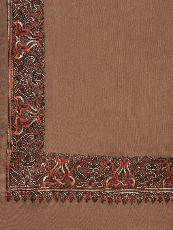 Brown Woolen Mens Shawl with Traditional Multicolour Embroidered Border (80 x 40 Inches)